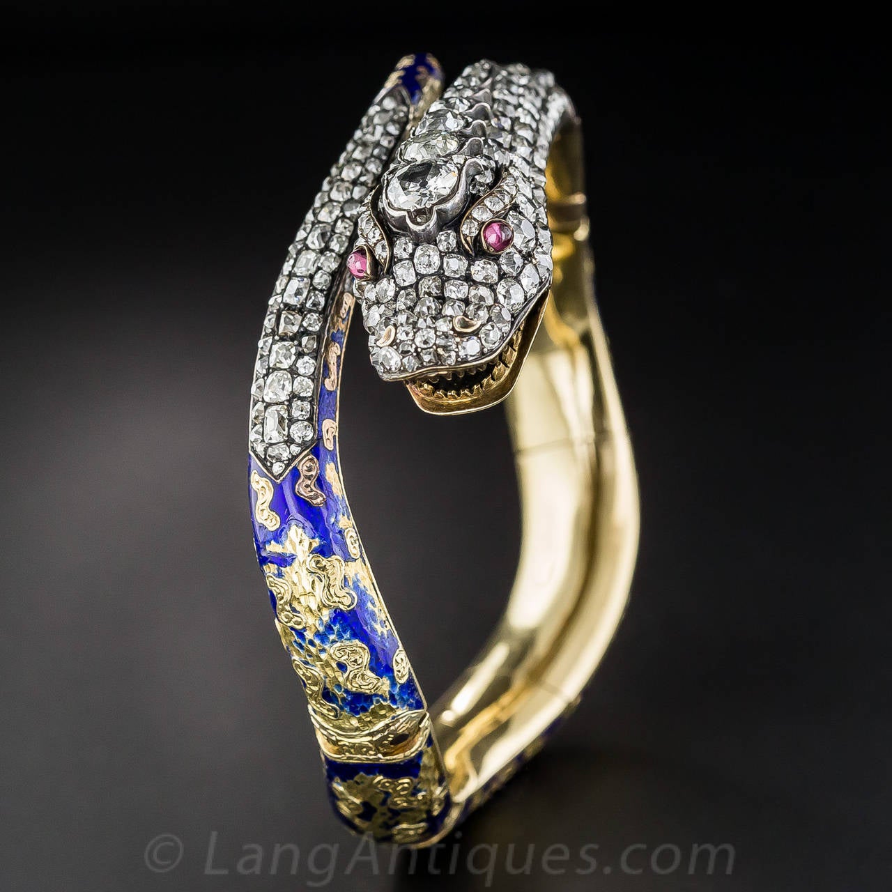 Early Victorian Victorian Enamel Diamond Gold Snake Bangle Bracelet