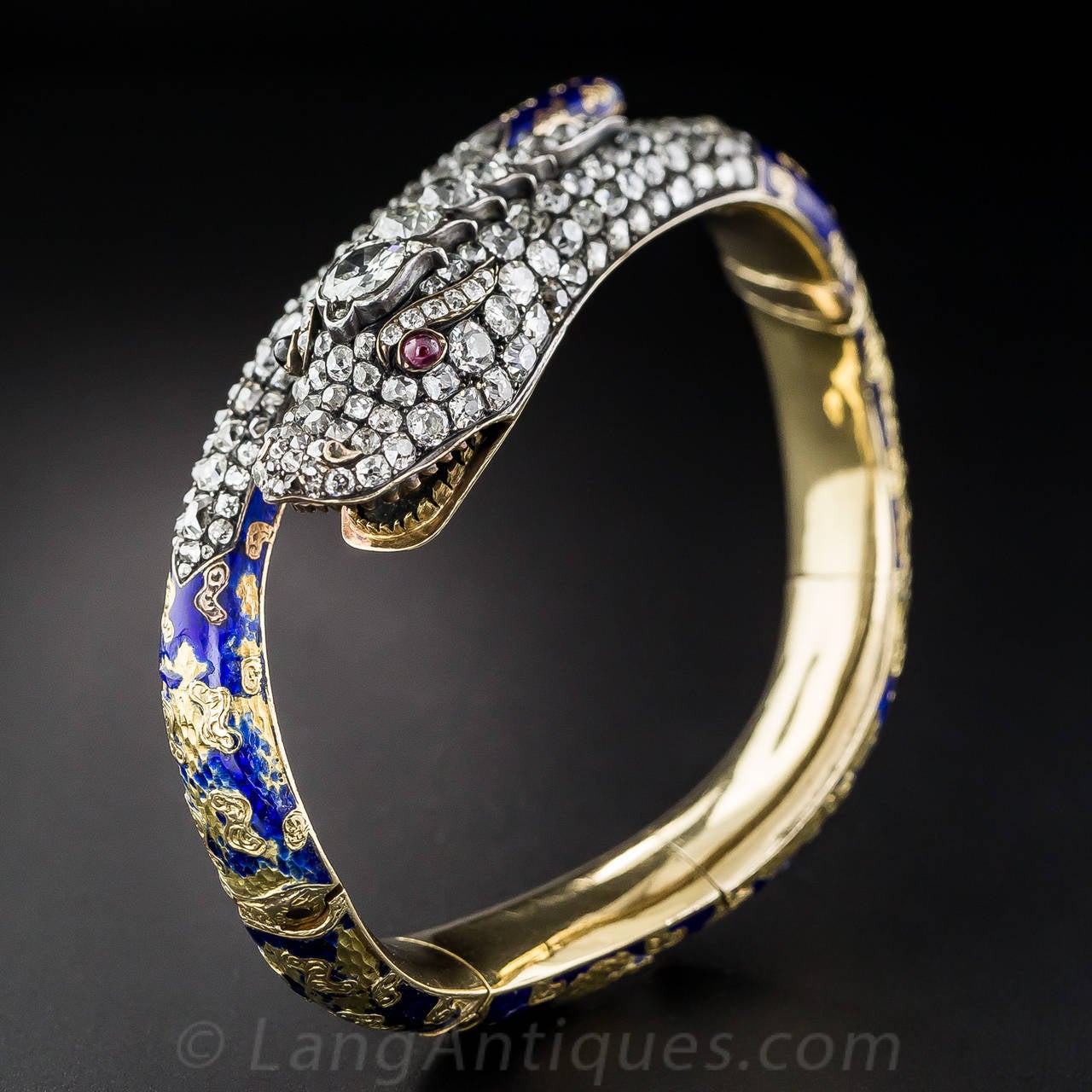 Victorian Enamel Diamond Gold Snake Bangle Bracelet In Good Condition In San Francisco, CA