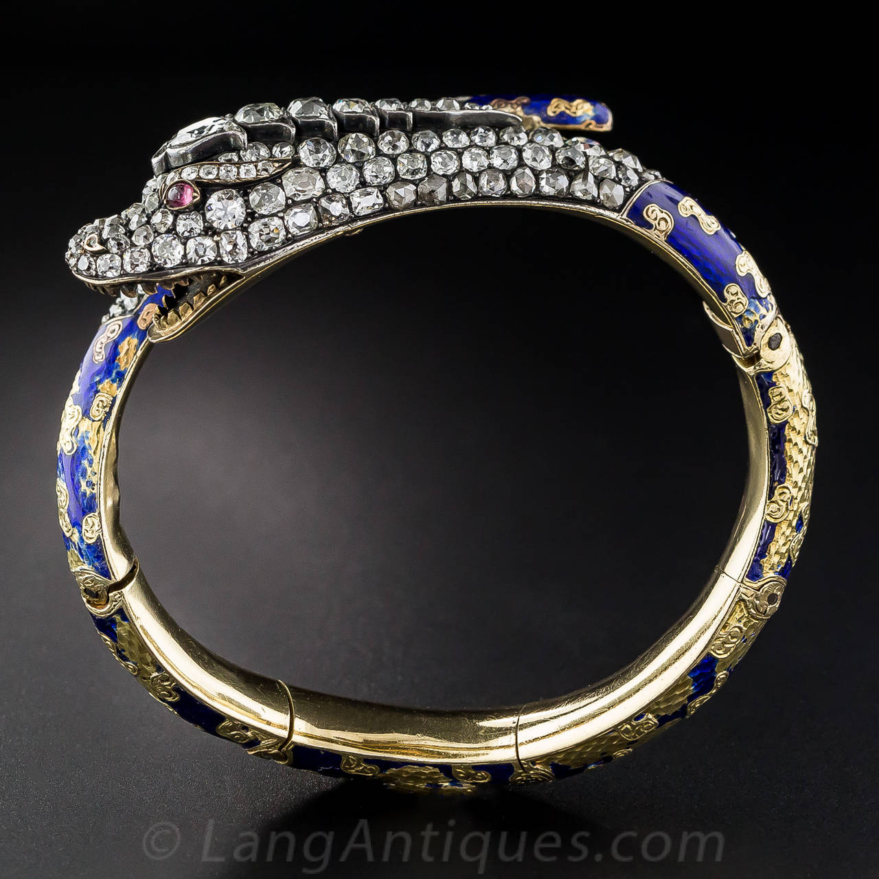 Women's Victorian Enamel Diamond Gold Snake Bangle Bracelet