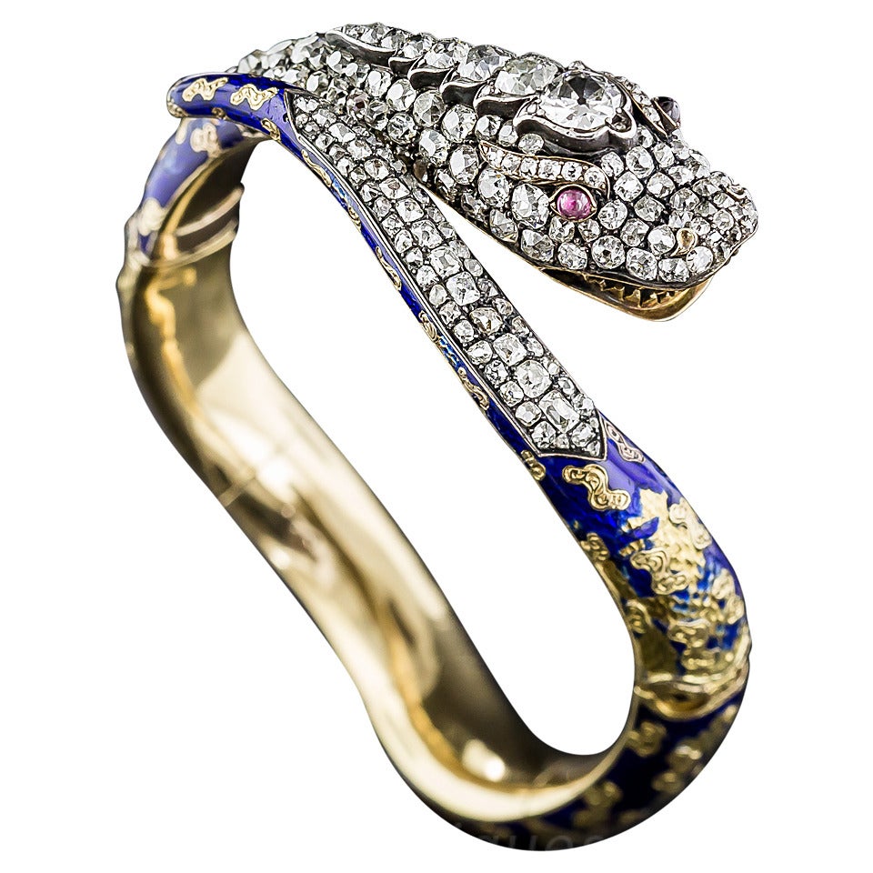 Victorian Enamel Diamond Gold Snake Bangle Bracelet