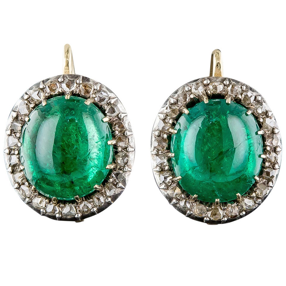 Antique 8.00 Carat Cabochon Emerald Rose-Cut Diamond Earrings For Sale