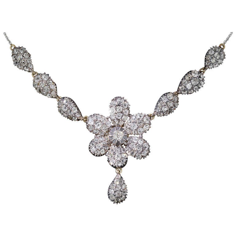 Antique Diamond Flower Necklace For Sale