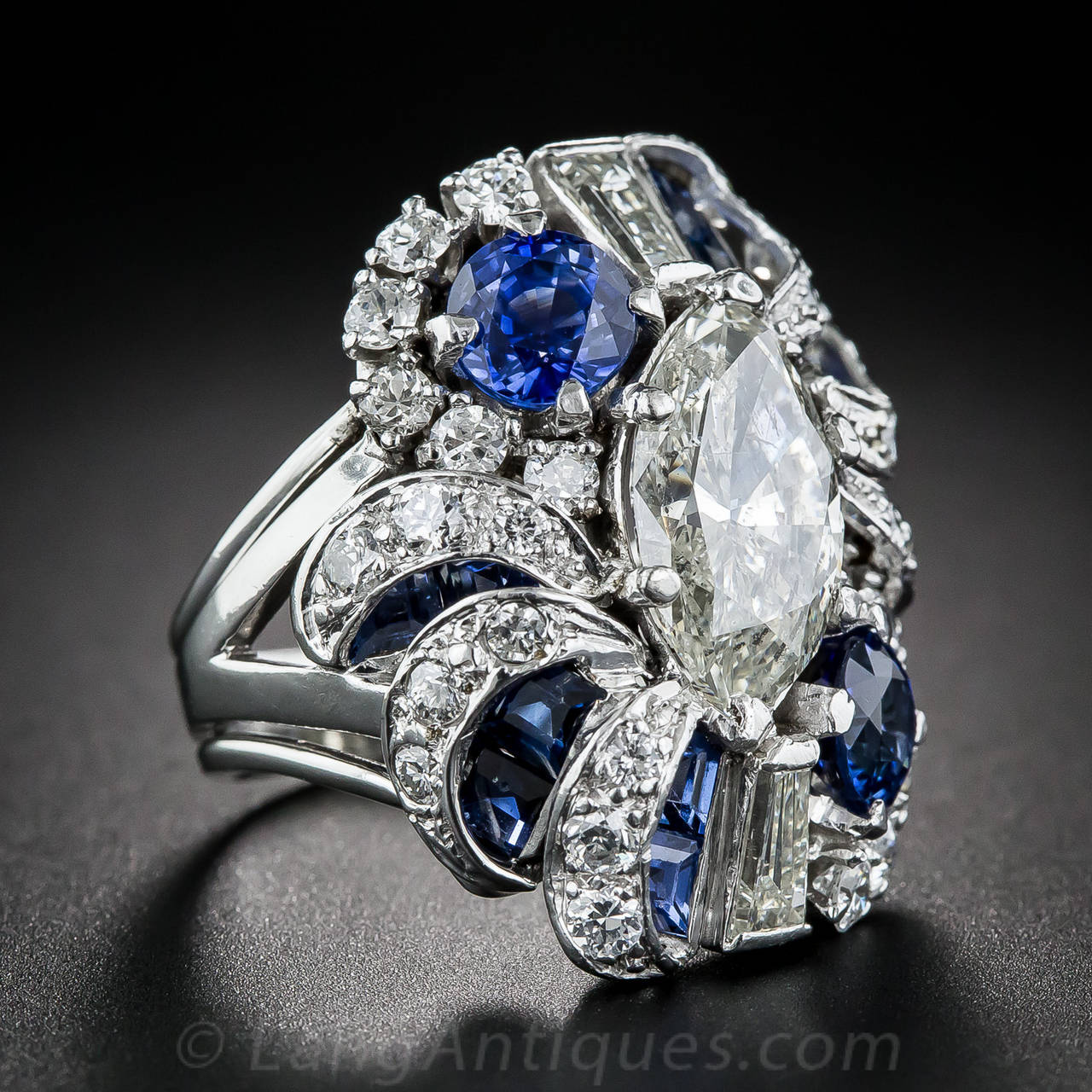 3.00 Carat Marquise Diamond Sapphire Platinum Cocktail Ring In Excellent Condition In San Francisco, CA