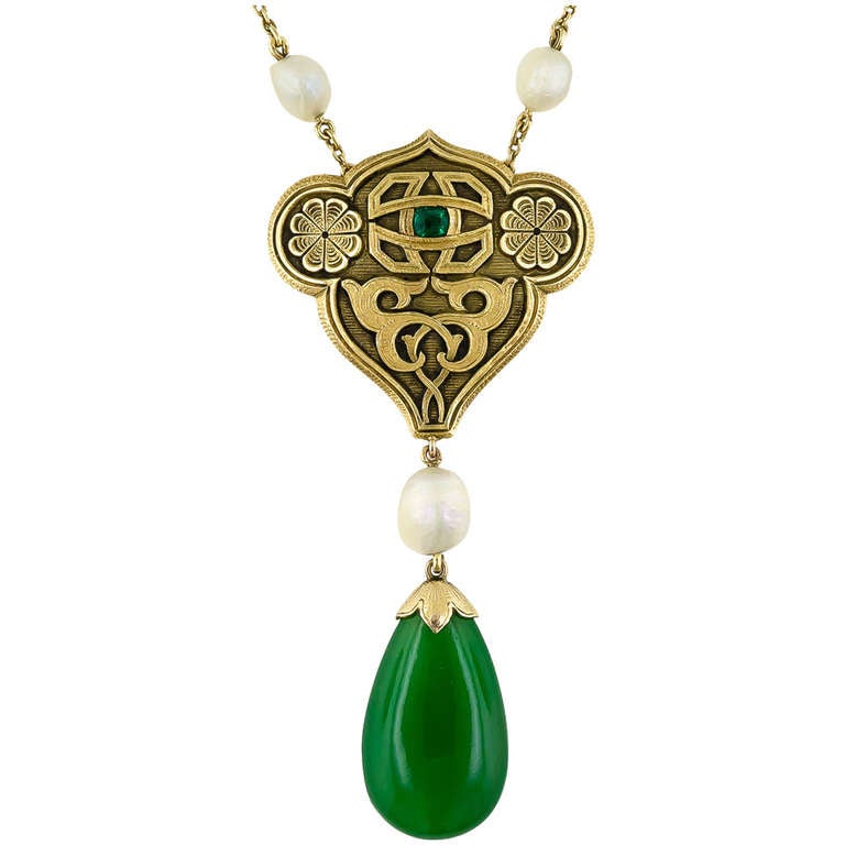Arts & Crafts Jade, Pearl and Emerald Pendant Necklace For Sale