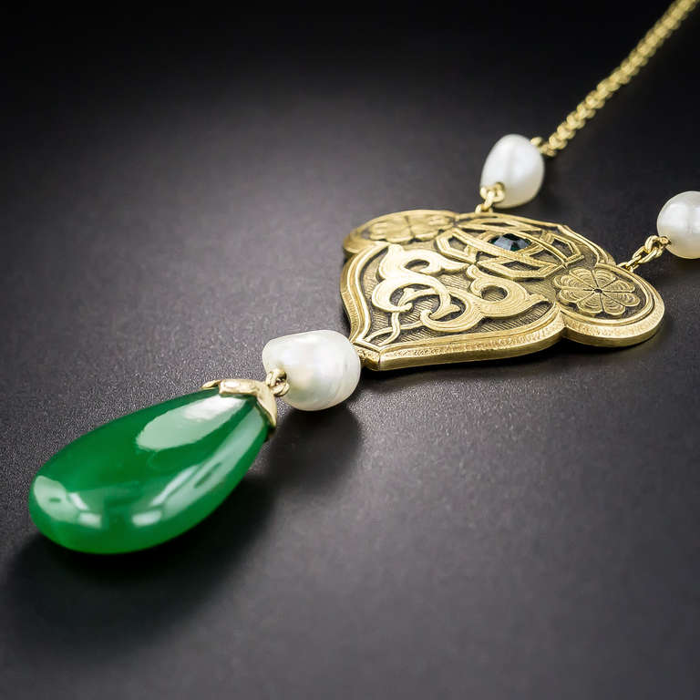 Arts and Crafts Arts & Crafts Jade, Pearl and Emerald Pendant Necklace For Sale