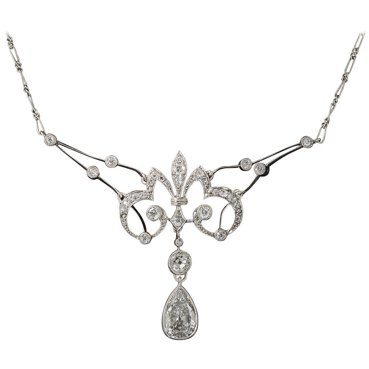 French Belle Epoque Necklace with 1.25 Carat Pear Shaped Diamond Drop For Sale