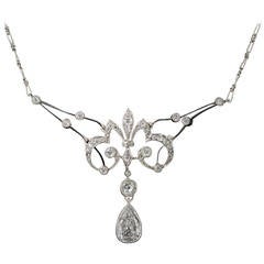 Antique French Belle Epoque Necklace with 1.25 Carat Pear Shaped Diamond Drop