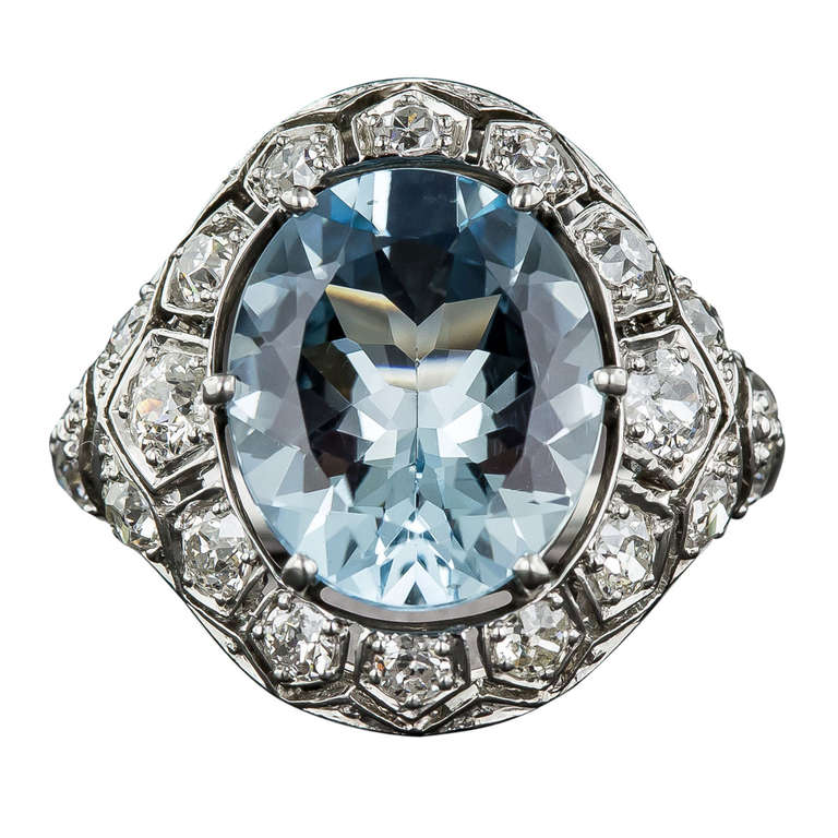 Art Deco Aquamarine and Diamond Ring For Sale
