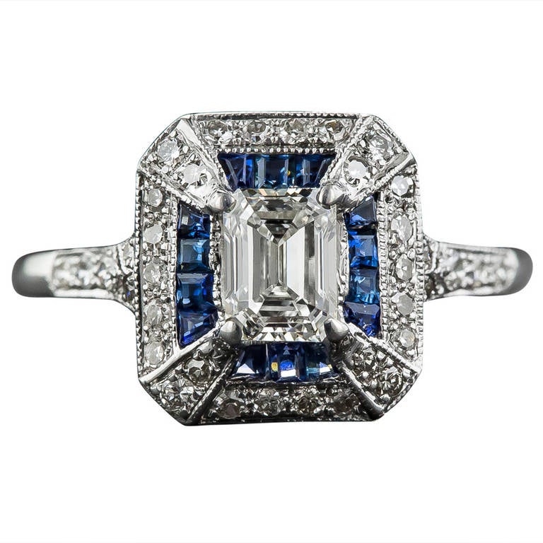 .69 Carat Emerald-Cut Art Deco Style Diamond and Calibre Sapphire Ring