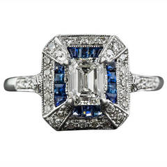 .69 Carat Emerald-Cut Art Deco Style Diamond and Calibre Sapphire Ring