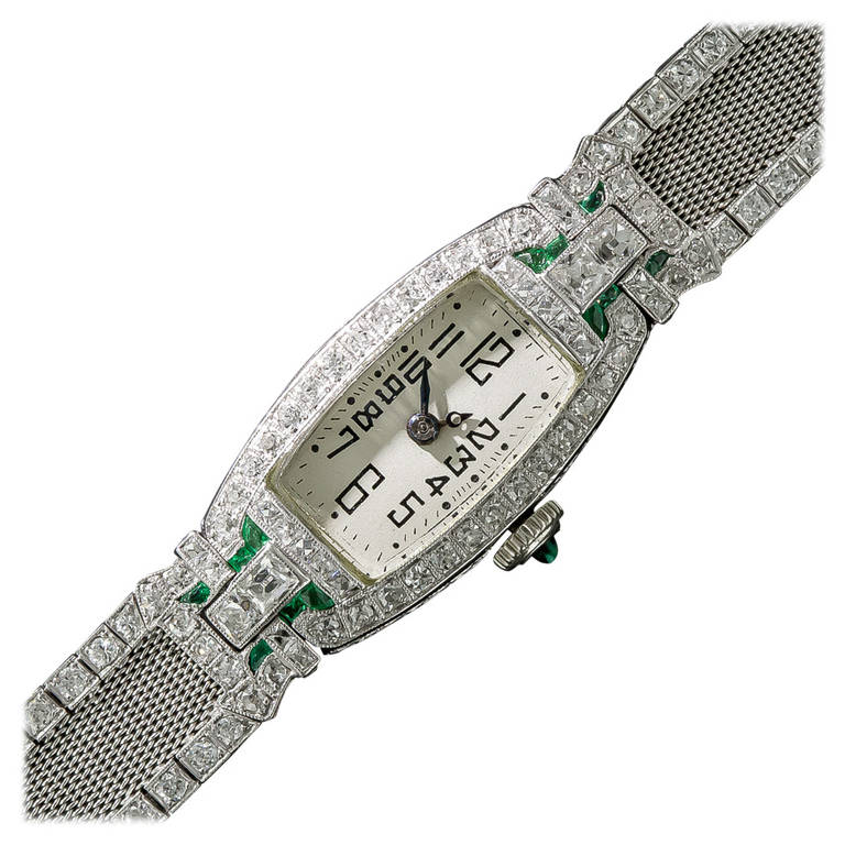 Paul Ditisheim Lady's Platinum Diamond and Emerald Art Deco Bracelet Watch