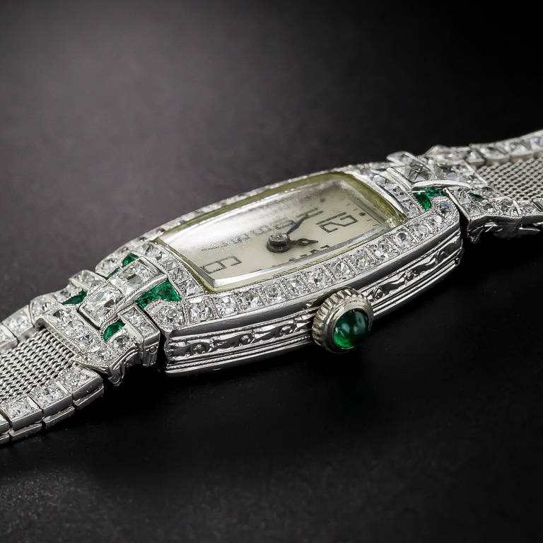 Paul Ditisheim Lady's Platinum Diamond and Emerald Art Deco Bracelet Watch In Excellent Condition In San Francisco, CA