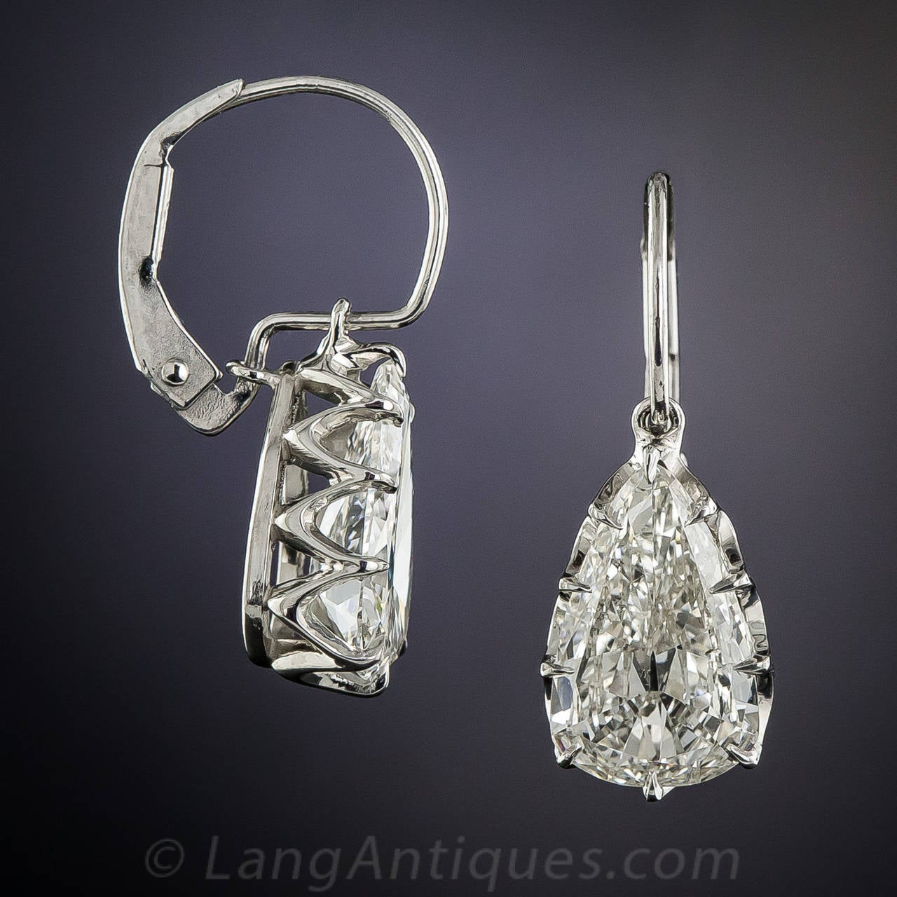 Victorian 3.29 Carat Antique Pear Shape Diamond Earrings