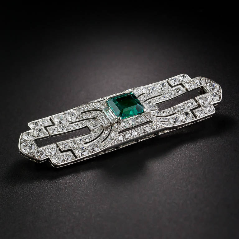 Art Deco Fine Gem Emerald Diamond Platinum Brooch For Sale 1