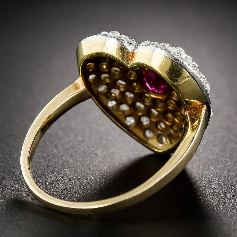 Edwardian Ruby Diamond Heart Shaped Ring In Excellent Condition For Sale In San Francisco, CA