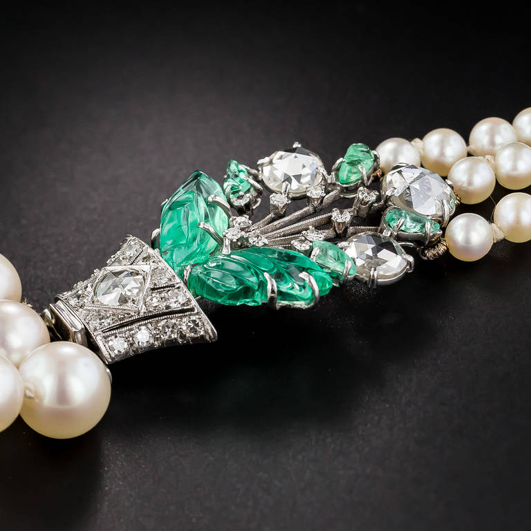 Art Deco Boucheron Pearl Neckace with Carved Emerald and Diamond Clasp