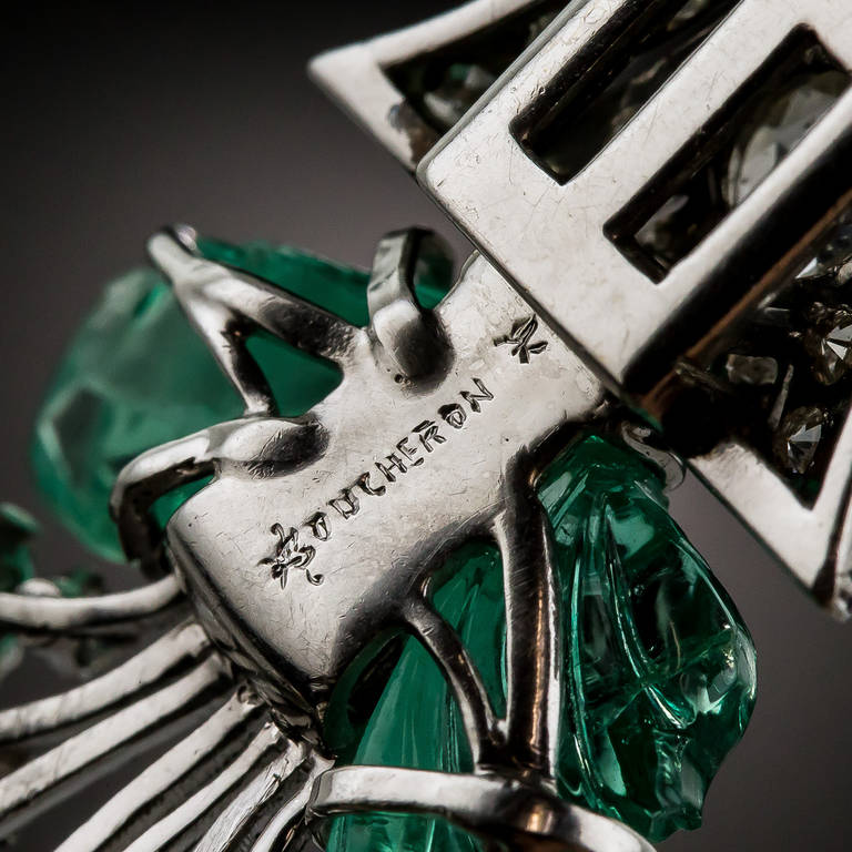 Women's Boucheron Pearl Neckace with Carved Emerald and Diamond Clasp