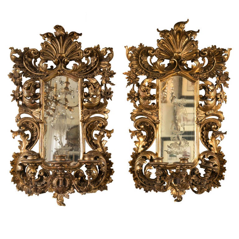 Pair of Giltwood Italian 19th Century Girandole Mirrors For Sale