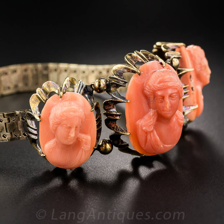 Antique Victorian Coral Cameo Jewelry Suite For Sale 6