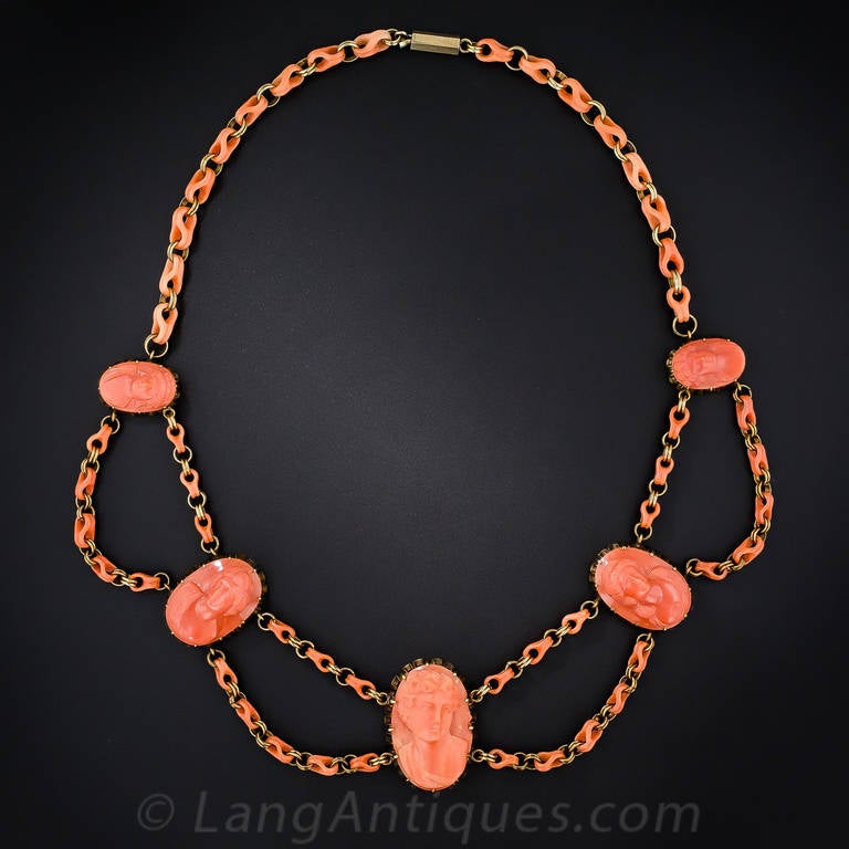 Antique Victorian Coral Cameo Jewelry Suite In Excellent Condition For Sale In San Francisco, CA
