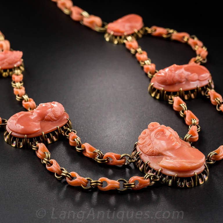 Women's Antique Victorian Coral Cameo Jewelry Suite For Sale