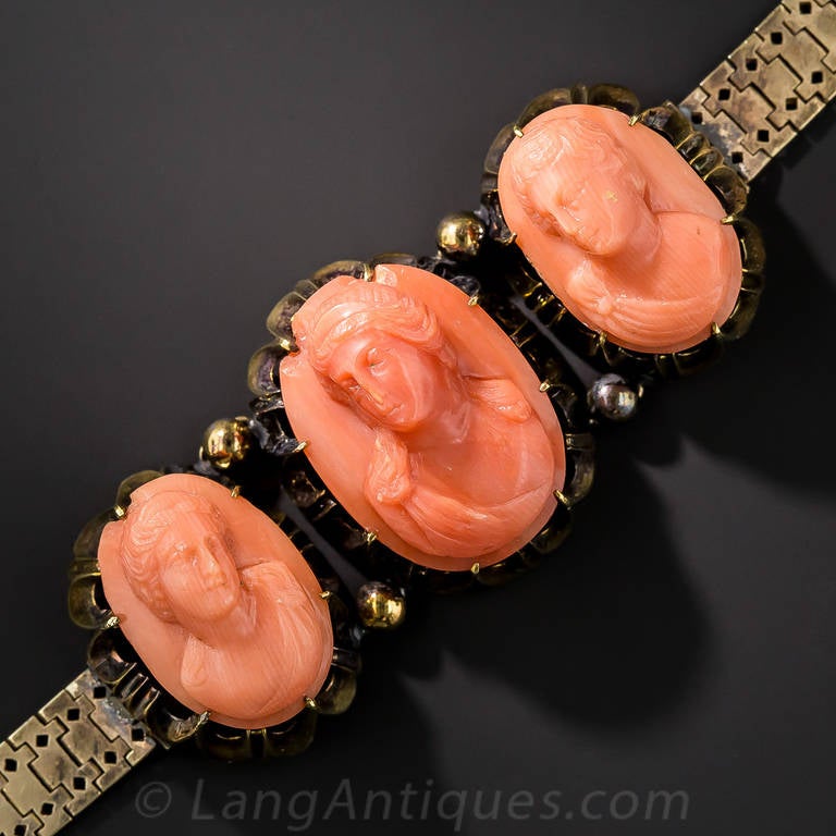 Antique Victorian Coral Cameo Jewelry Suite For Sale 4