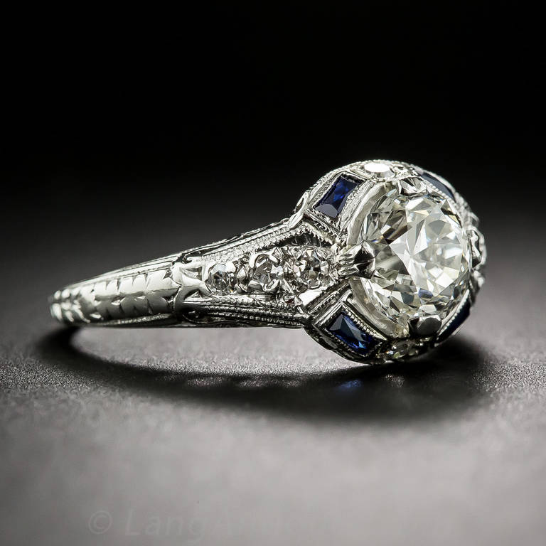 1.31 Carat Diamond and Sapphire Art Deco Engagement Ring In Excellent Condition For Sale In San Francisco, CA