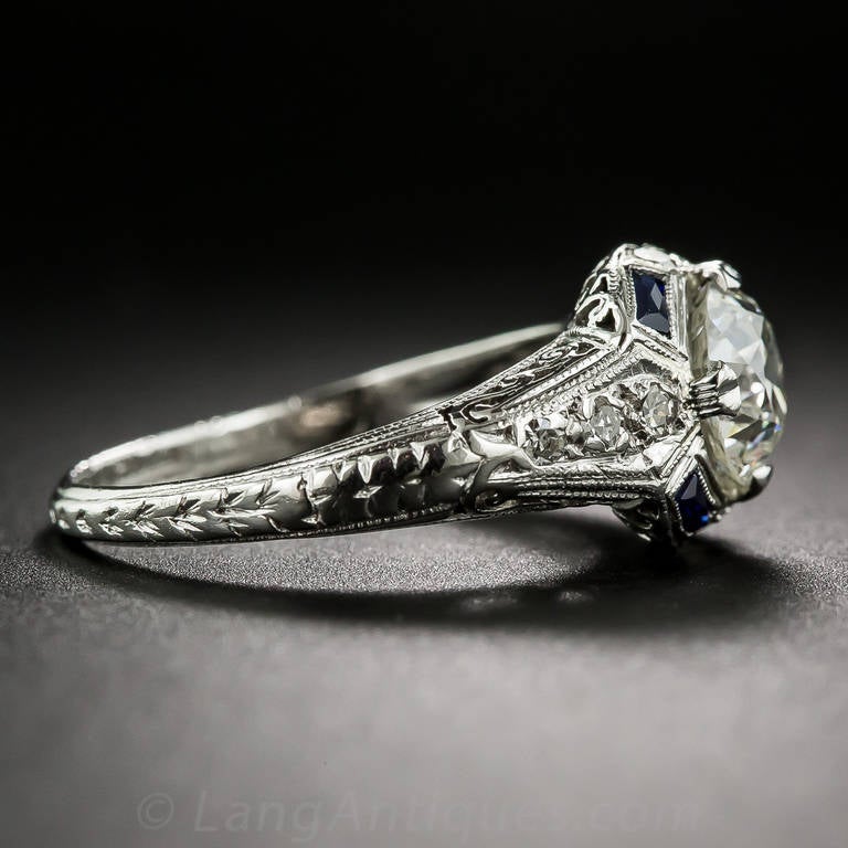 Women's 1.31 Carat Diamond and Sapphire Art Deco Engagement Ring For Sale