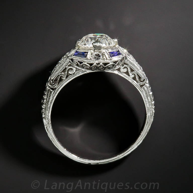 1.31 Carat Diamond and Sapphire Art Deco Engagement Ring For Sale 2