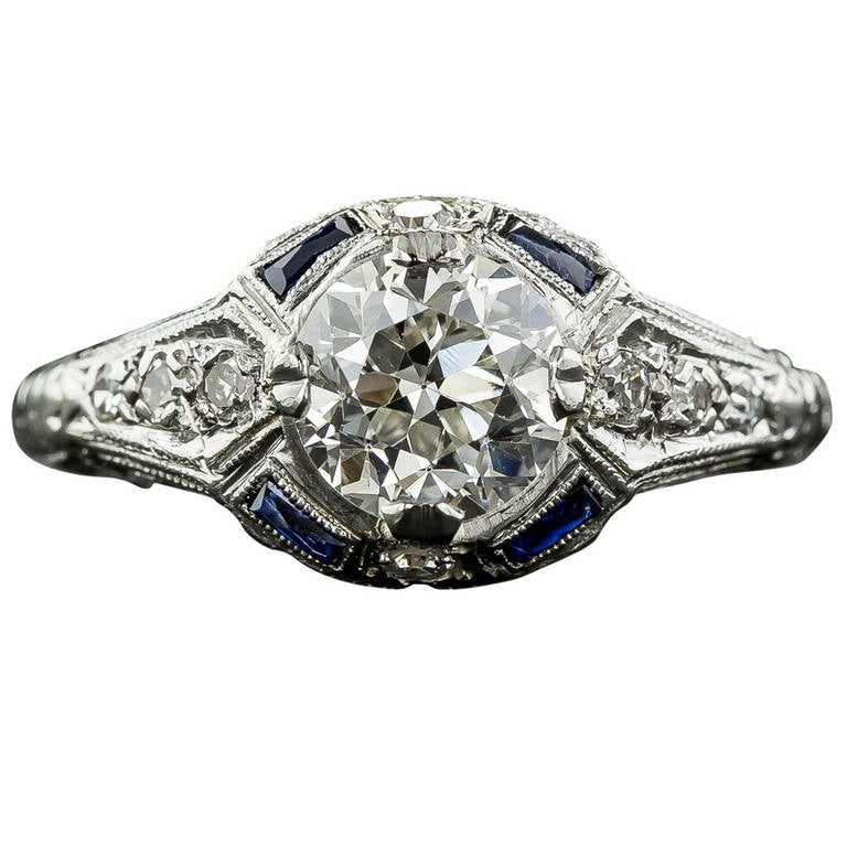1.31 Carat Diamond and Sapphire Art Deco Engagement Ring For Sale