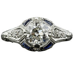 1.31 Carat Diamond and Sapphire Art Deco Engagement Ring
