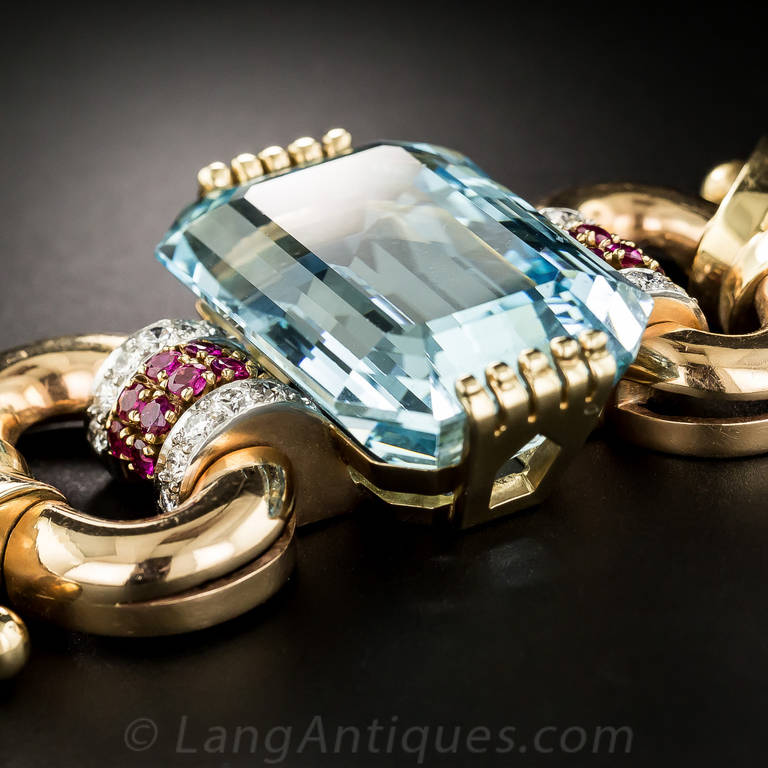 Tiffany & Co. Retro 46 Carat Aquamarine Diamond Ruby Bracelet In Excellent Condition For Sale In San Francisco, CA