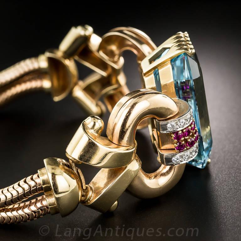 Women's or Men's Tiffany & Co. Retro 46 Carat Aquamarine Diamond Ruby Bracelet For Sale