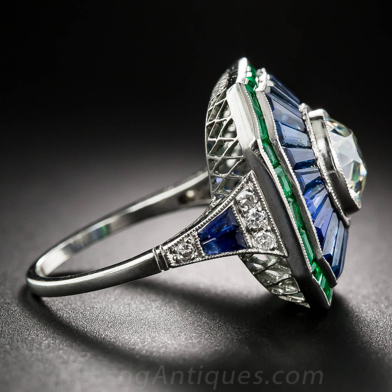 1.85 Carat Sapphire Emerald Diamond  Ring In Excellent Condition In San Francisco, CA