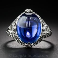 12.50 Carat No Heat Ceylon Cabochon Sapphire Diamond Platinum Ring
