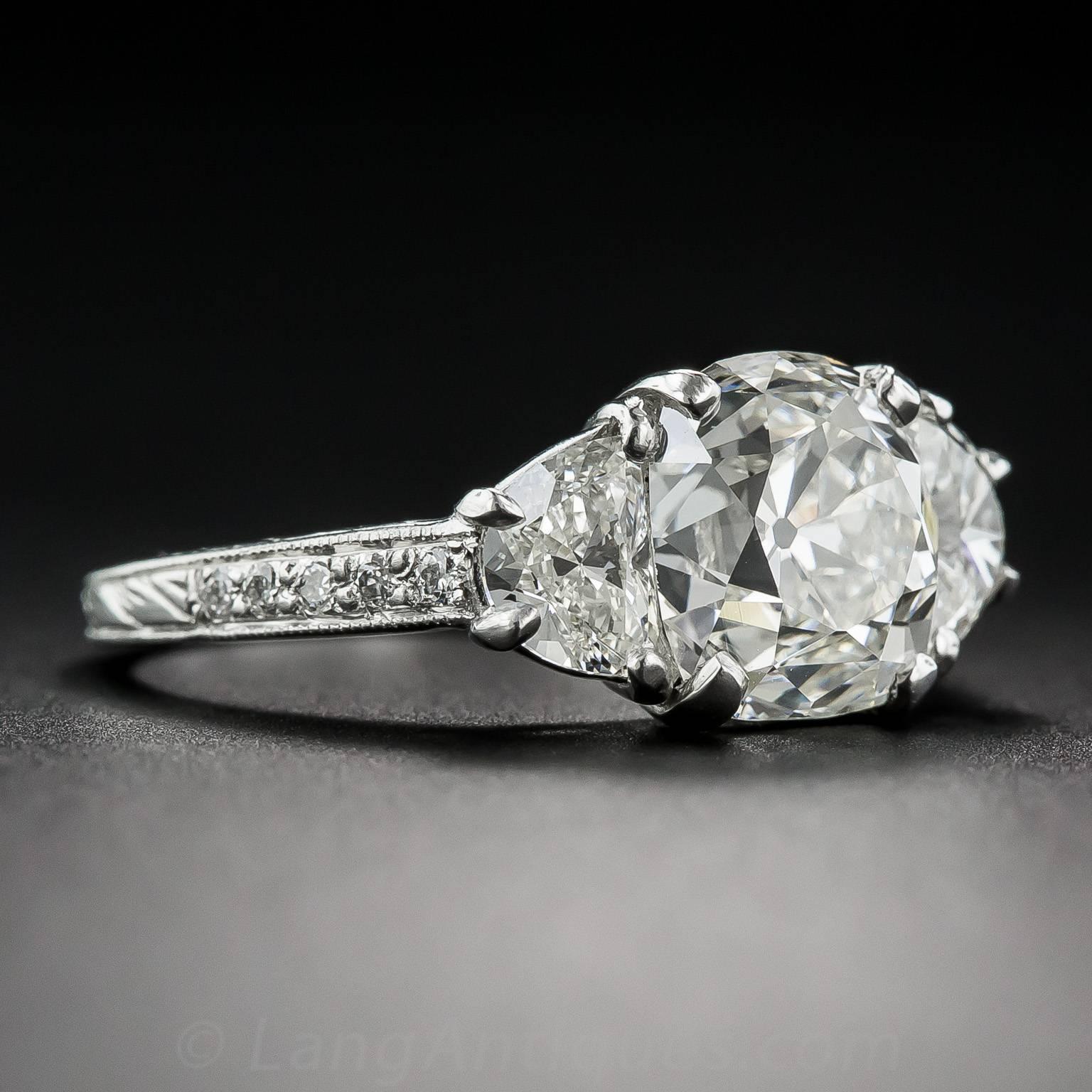 Art Deco 3.03 Carat GIA Cert Antique Cushion Diamond Platinum Engagement Ring  For Sale