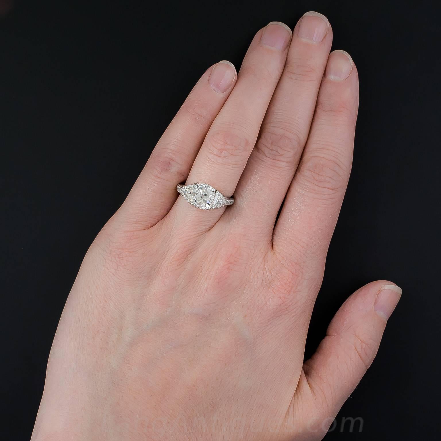 3.03 Carat GIA Cert Antique Cushion Diamond Platinum Engagement Ring  For Sale 2