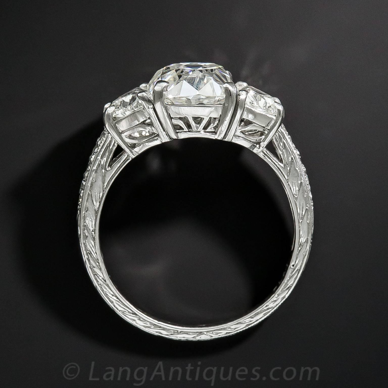 3.03 Carat GIA Cert Antique Cushion Diamond Platinum Engagement Ring  For Sale 1