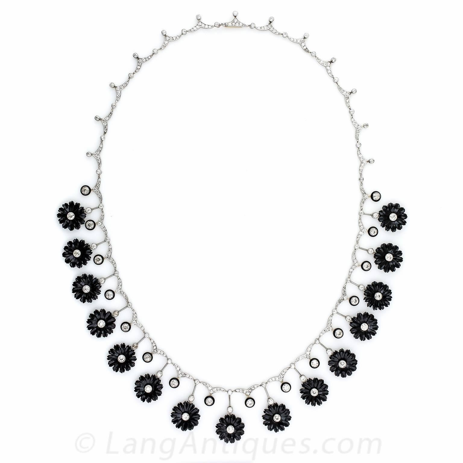 Early Art Deco Onyx Diamond Platinum Flower Necklace In Excellent Condition For Sale In San Francisco, CA