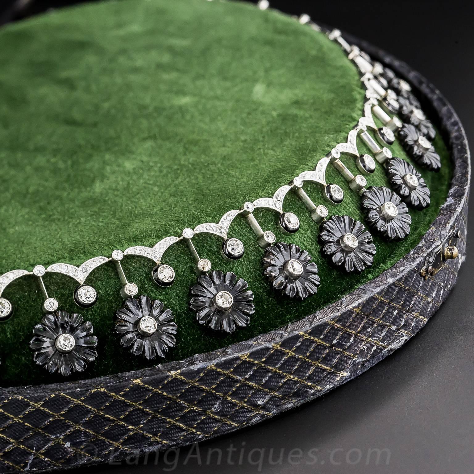 Early Art Deco Onyx Diamond Platinum Flower Necklace For Sale 2
