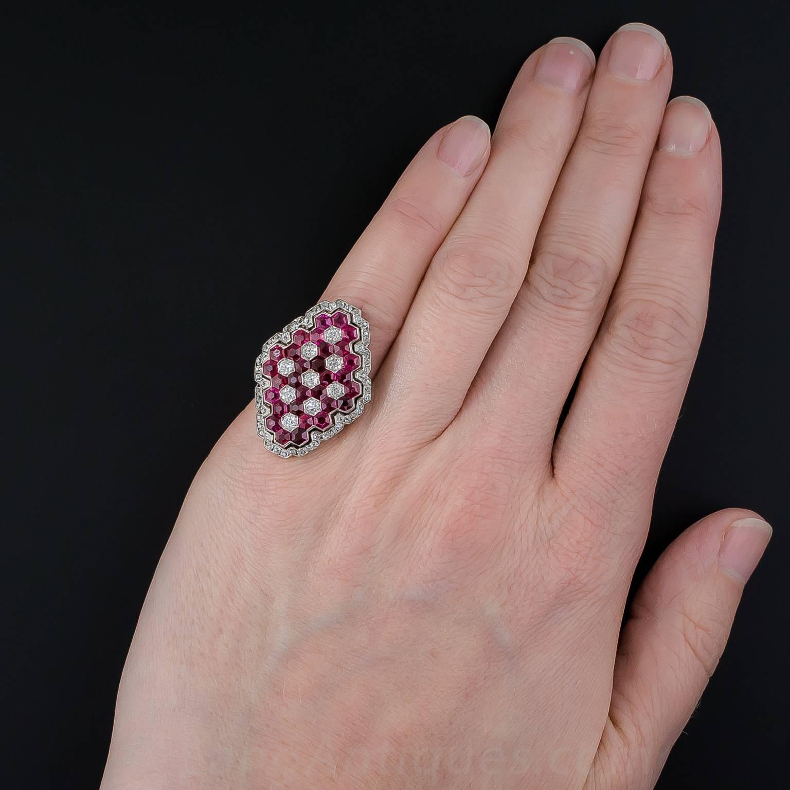 Magnificent Art Deco Ruby Diamond Platinum Ring For Sale 4