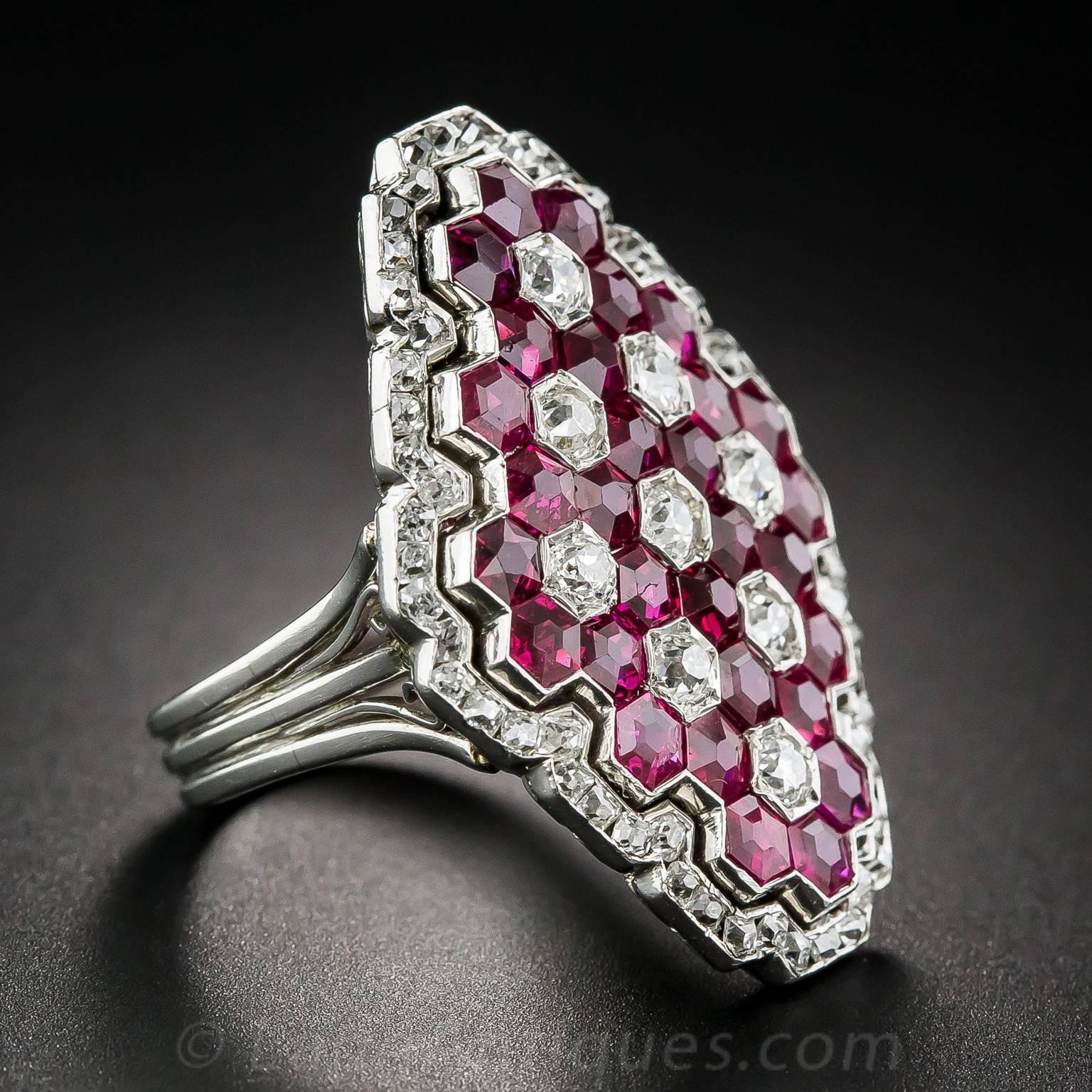 Magnificent Art Deco Ruby Diamond Platinum Ring In Excellent Condition For Sale In San Francisco, CA
