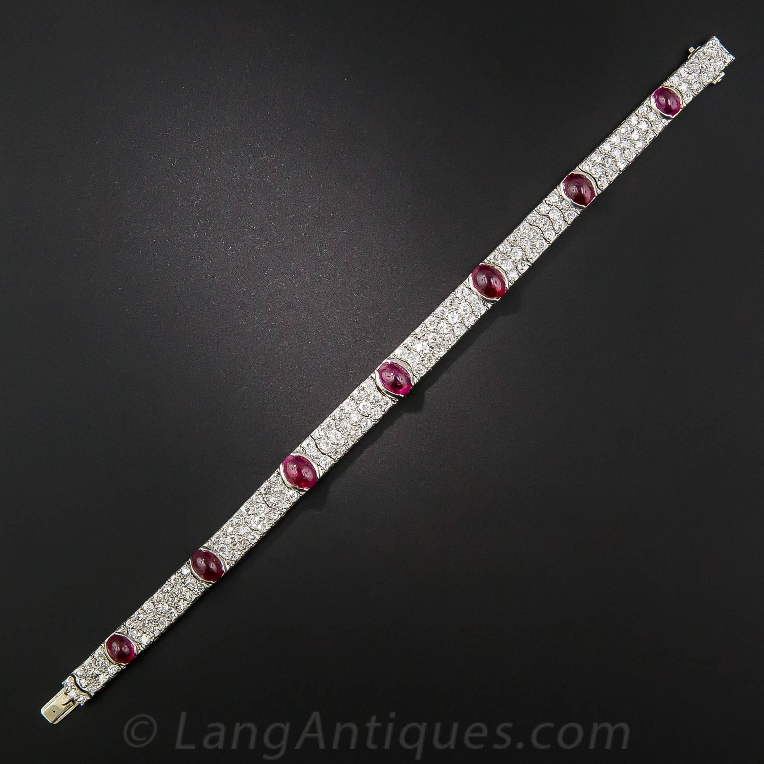 Women's or Men's Art Deco No-Heat Burmese Ruby Diamond Platinum Bracelet