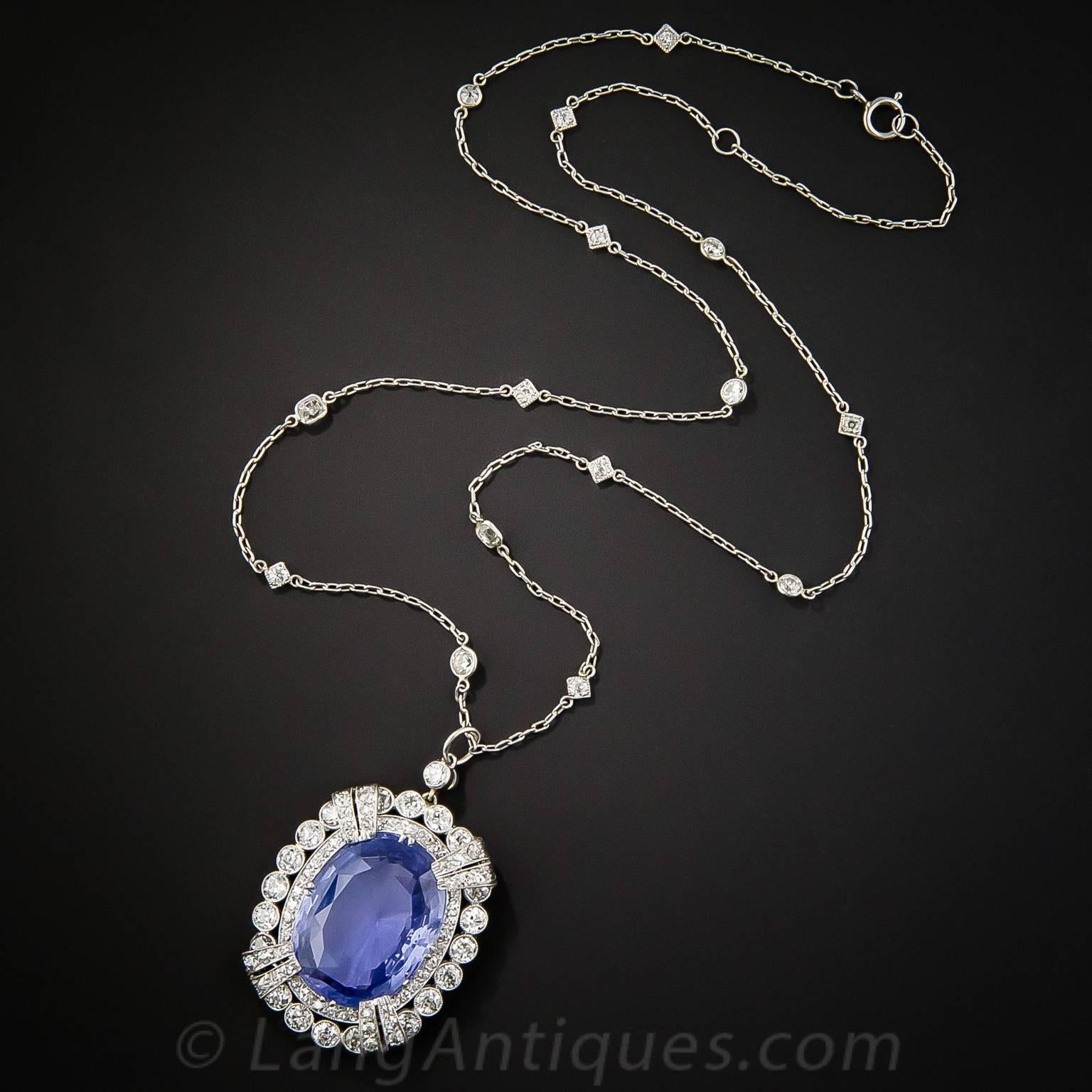 Women's or Men's 15.65 Carat Unheated Ceylon Sapphire Art Deco Diamond Platinum Necklace For Sale