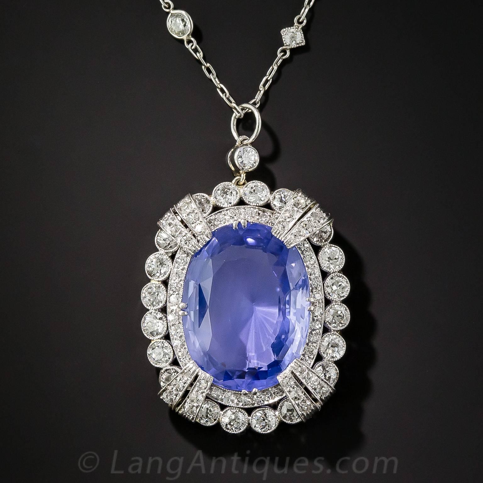 15.65 Carat Unheated Ceylon Sapphire Art Deco Diamond Platinum Necklace In Excellent Condition For Sale In San Francisco, CA