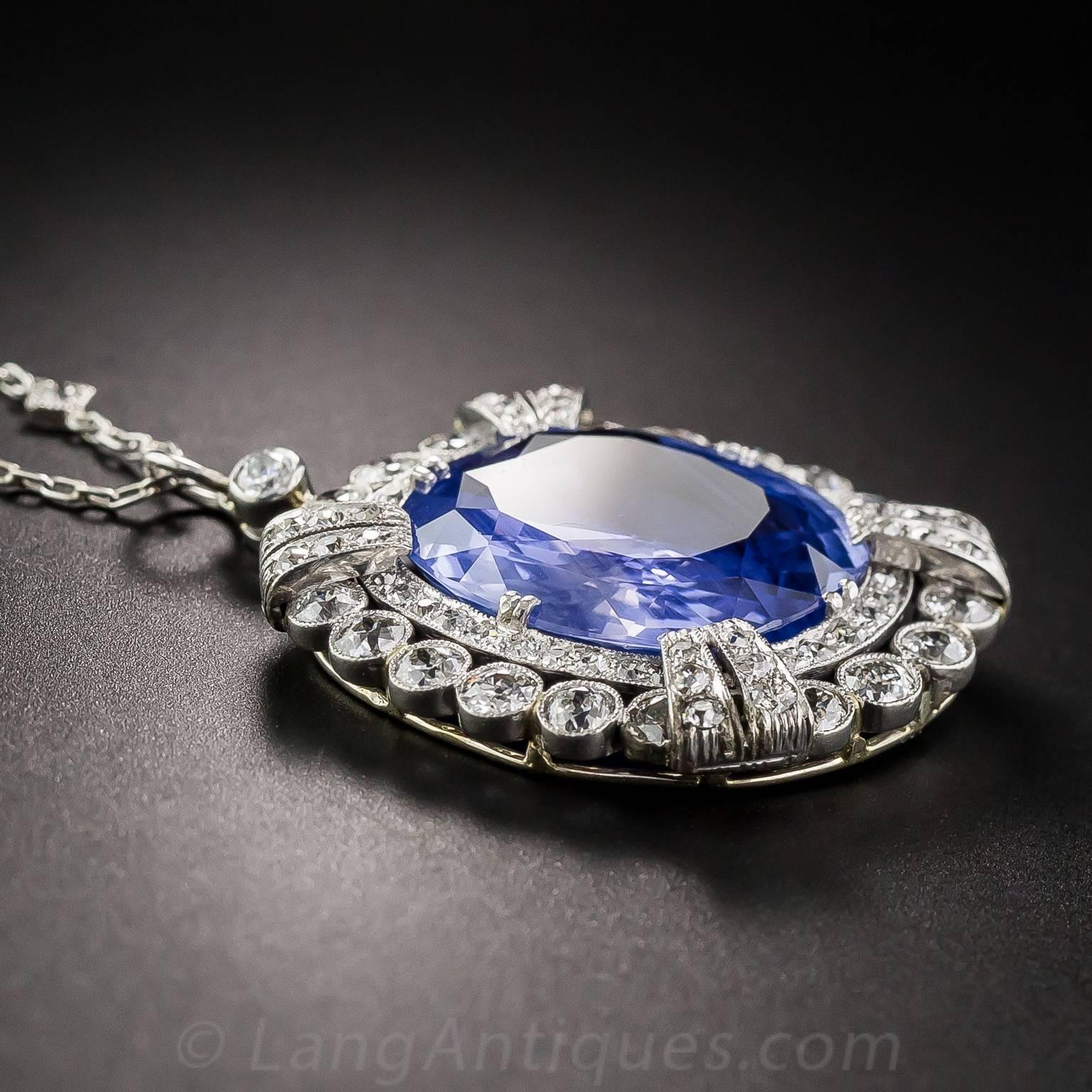 15.65 Carat Unheated Ceylon Sapphire Art Deco Diamond Platinum Necklace For Sale 1