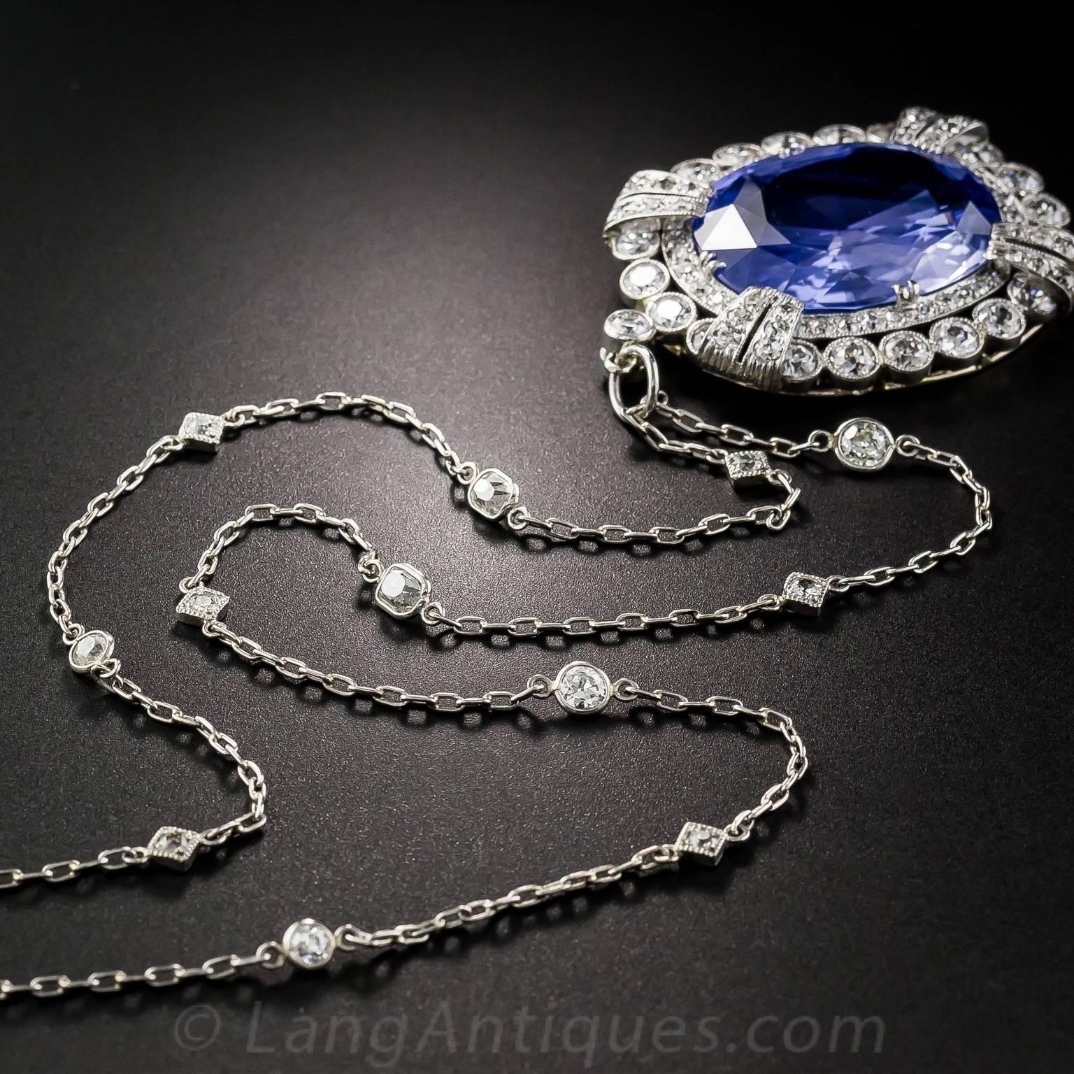 15.65 Carat Unheated Ceylon Sapphire Art Deco Diamond Platinum Necklace For Sale 2
