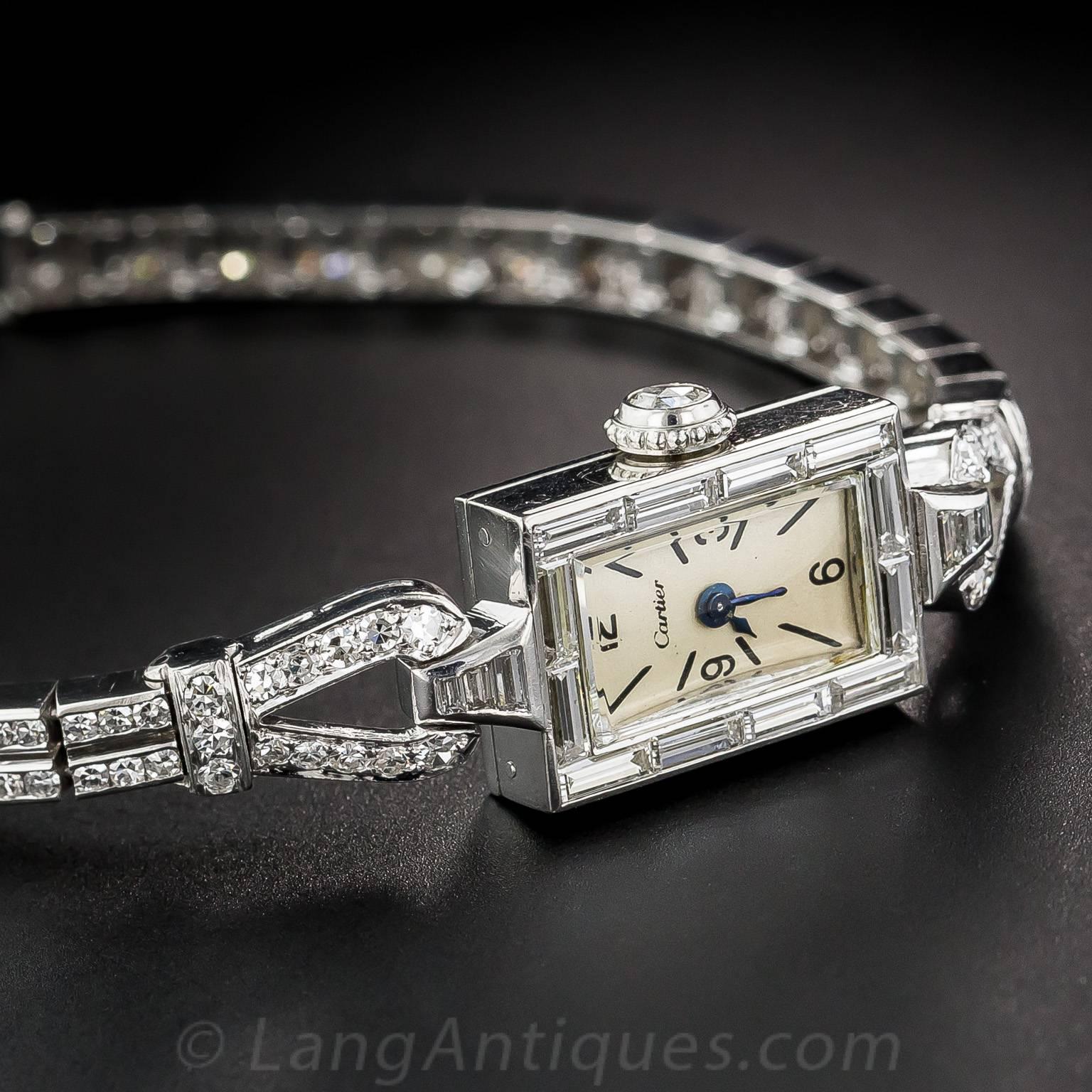 Art Deco Cartier Lady's Platinum Diamond Bracelet Wristwatch For Sale