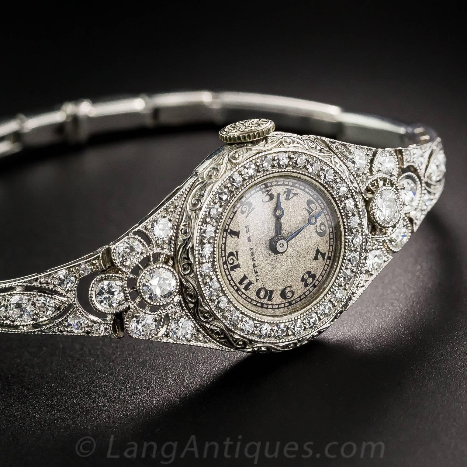 Women's or Men's Tiffany & Co. Lady's Platinum Diamond Art Deco Wristwatch