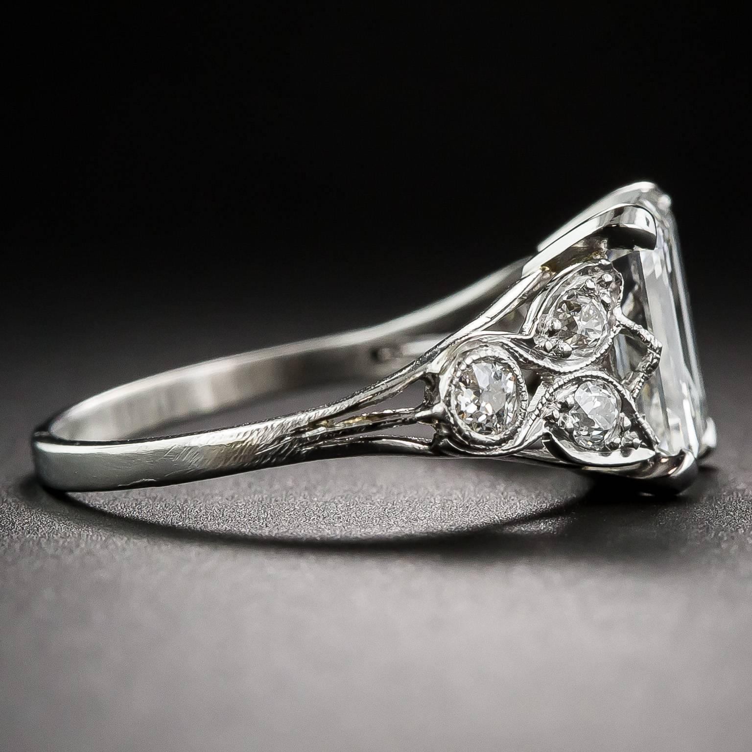 Women's Art Deco 2.03 Carat GIA Cert Emerald Cut Diamond Engagement Ring 